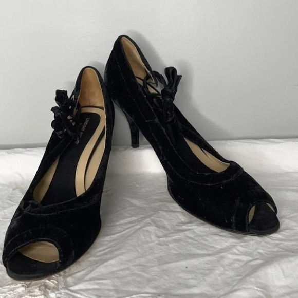 LINDSAY PERRY Velvet Leather Peep Toe Pumps Black Tied Side Size 40 - Picture 9 of 9